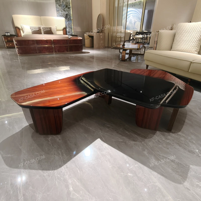 Integrated Coffee Table with Natural Wood Veneer and Dark High-Gloss Center Top